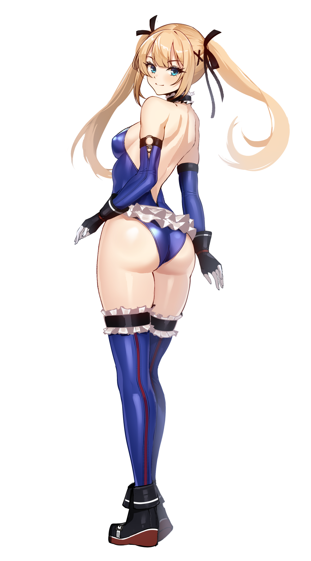1girl ass bare_shoulders black_ribbon blonde_hair blue_eyes blue_one-piece_swimsuit blue_sleeves blue_thighhighs blush breasts commentary dead_or_alive dead_or_alive_5 frilled_leotard frilled_one-piece_swimsuit frilled_thighhighs frills from_behind full_body gloves hair_ornament hair_ribbon highleg highleg_one-piece_swimsuit highres leotard long_hair looking_at_viewer looking_back marie_rose one-piece_swimsuit ribbon simple_background skin_tight small_breasts smile solo standing swimsuit thighhighs twintails volyz white_background x_hair_ornament