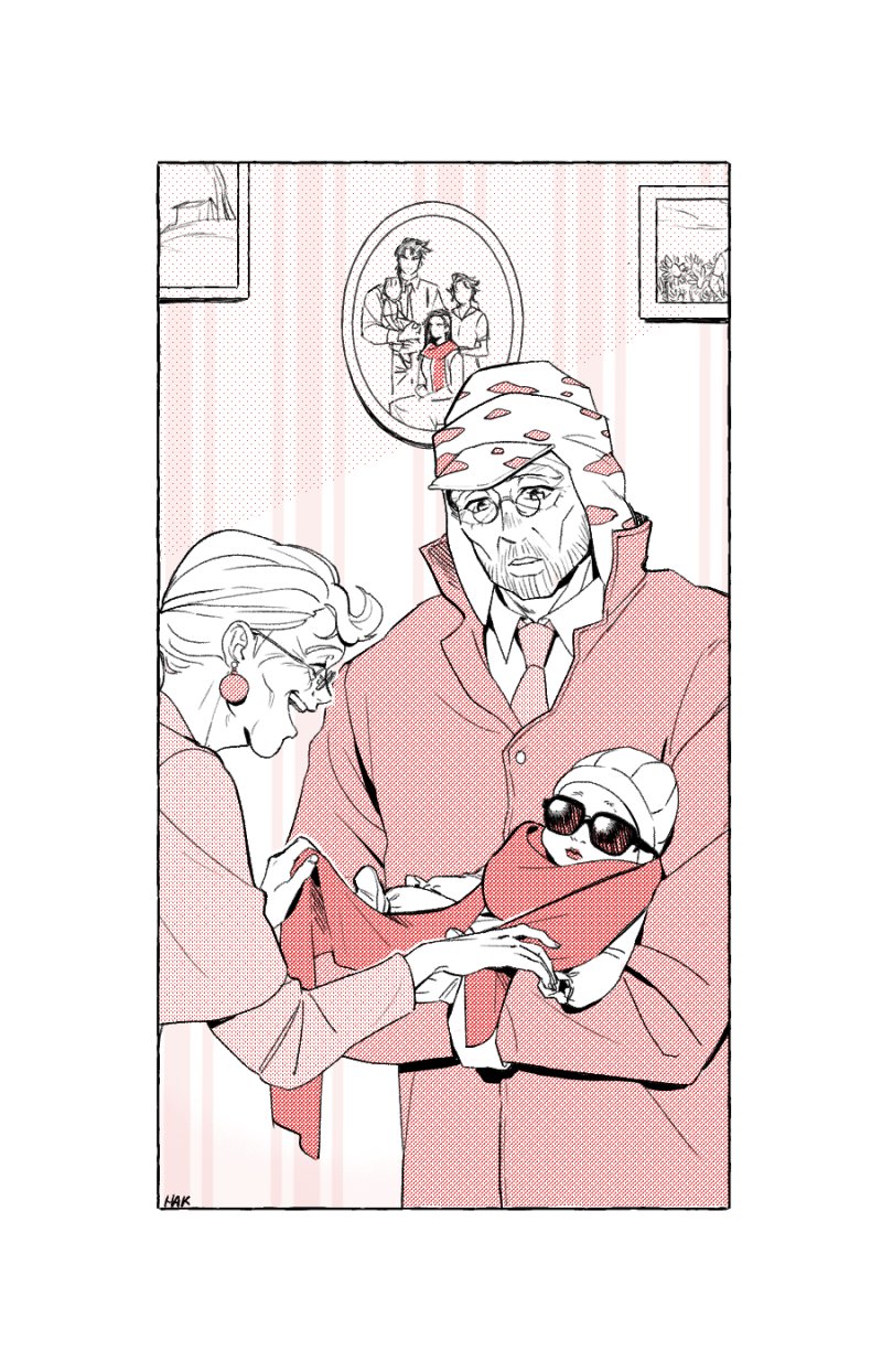 1boy 2girls baby beanie beard carrying_baby carrying_person coat diamond_wa_kudakenai earrings facial_hair family family_portrait glasses hakmonss hat highres jewelry jojo_no_kimyou_na_bouken joseph_joestar joseph_joestar_(old) kuujou_holly lisa_lisa monochrome multiple_girls necktie old old_man old_woman red_scarf scarf shizuka_joestar sunglasses suzi_q
