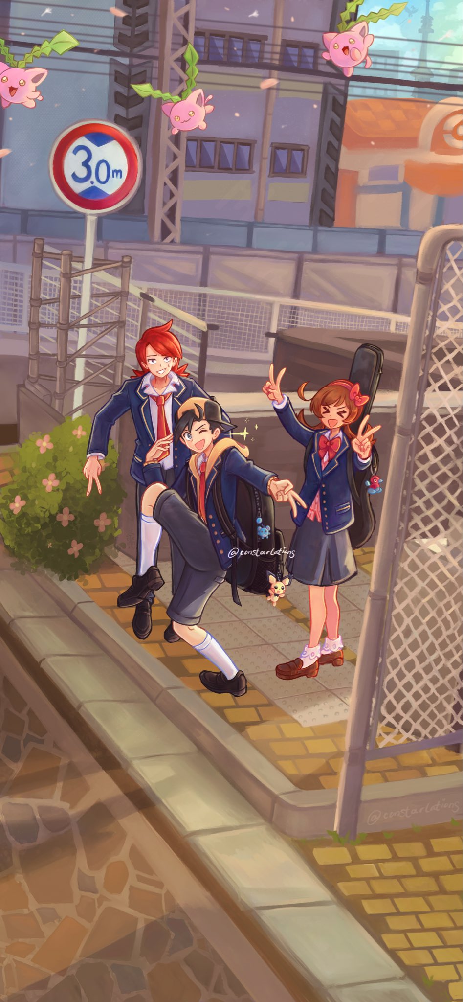 &gt;_&lt; 1girl 2boys :d ;d backwards_hat baseball_cap bow bowtie brown_footwear brown_hair building chain-link_fence commentary constarlations day double_v ethan_(pokemon) fence gen_2_pokemon hat high_school_girls_posing_for_google_street_view_(meme) highres hoppip instrument_case jacket leg_up lyra_(pokemon) meme multiple_boys necktie nintendo one_eye_closed open_mouth outdoors pants pink_vest pokemon pokemon_(creature) pokemon_hgss red_hair shirt shoes shorts sign silver_(pokemon) skirt smile socks standing v vest white_shirt