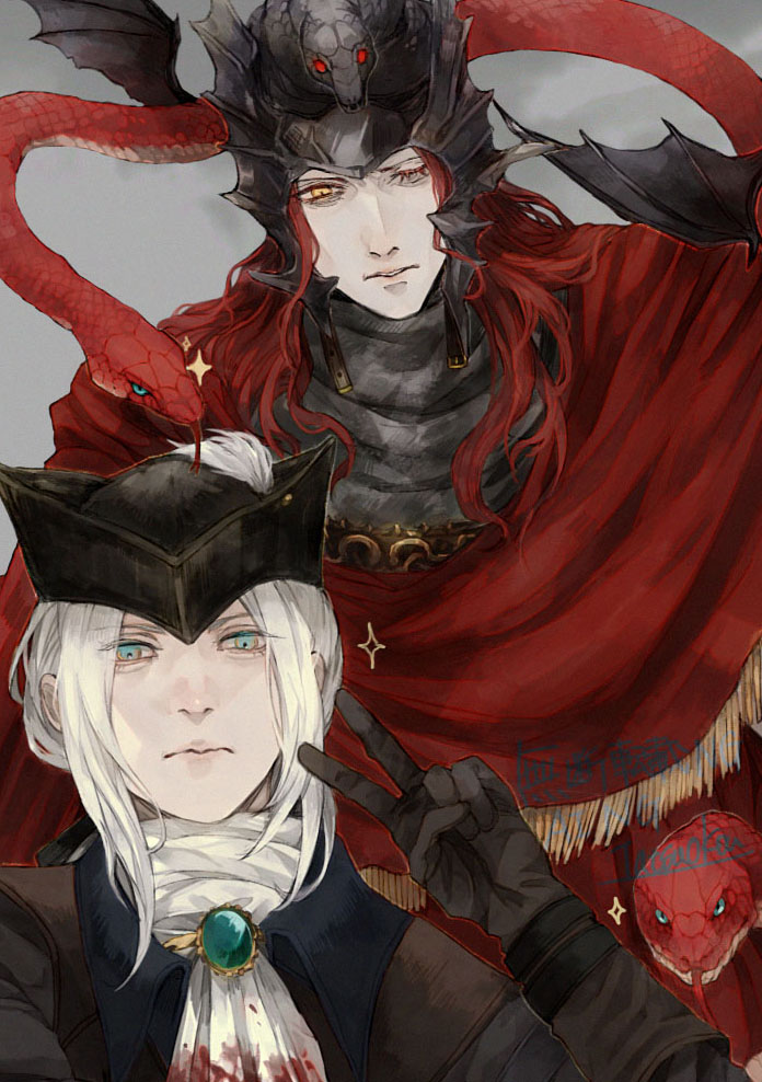 1boy 1girl ascot blonde_hair blood bloodborne blue_eyes coat elden_ring elden_ring:_shadow_of_the_erdtree frea fromsoftware gem gloves hat hat_feather lady_maria_of_the_astral_clocktower long_hair looking_at_viewer messmer_the_impaler red_snake snake snake_on_shoulder tricorne white_hair