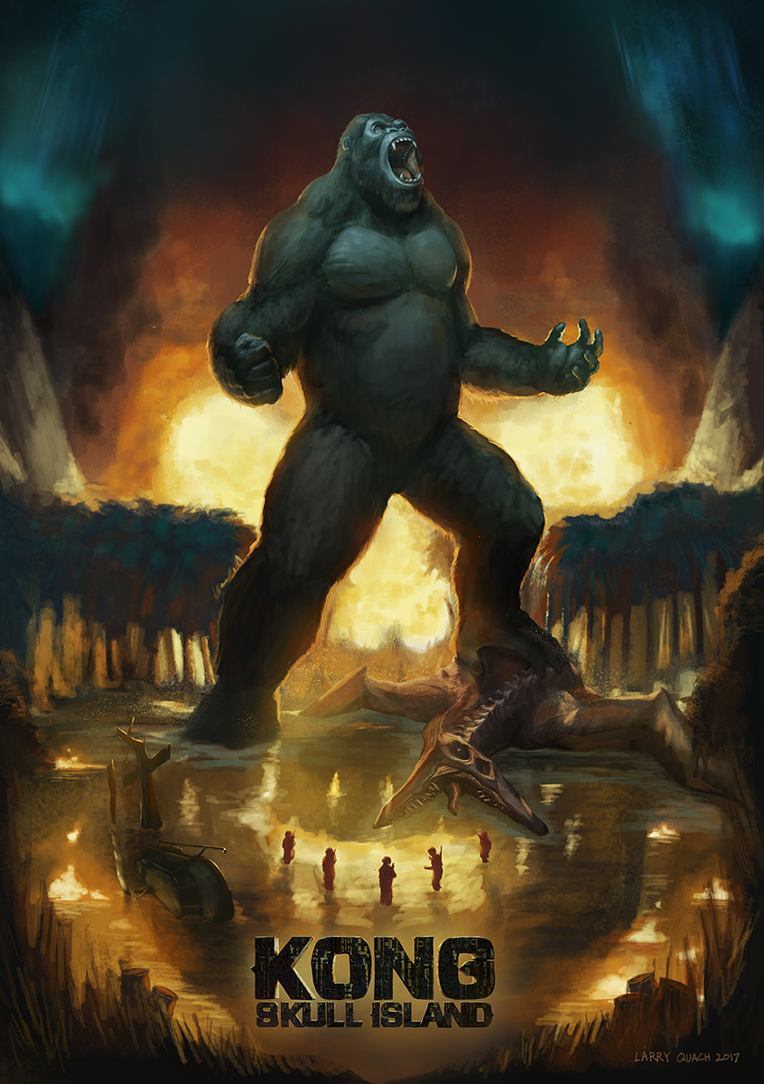aircraft ape aurora aurora_australis bell_helicopter fangs fire forest giant giant_monster gorilla helicopter highres kaiju king_kong king_kong_(series) kong:_skull_island larry_quach monster monsterverse movie_poster muscular muscular_male nature night parody roaring see-through_body skullcrawler style_parody tongue tongue_out translucent tree uh-1_iroquois utility_helicopter water