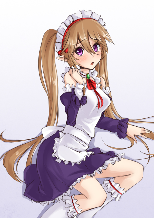10s 1girl apron blush brown_hair dress elf female_focus frilled_dress frills long_hair looking_at_viewer maid maid_apron maid_headdress myucel_foalan open_mouth outbreak_company pointy_ears purple_eyes silent_sakia socks solo tears twintails