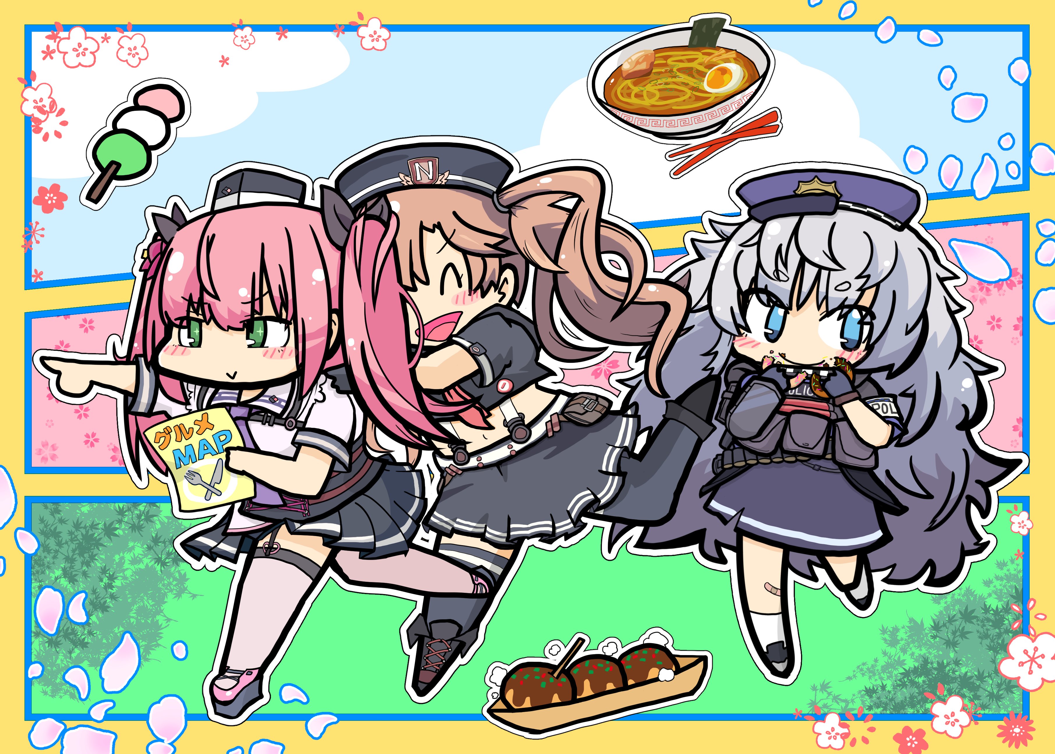 3girls absurdres armband bandaid bandaid_on_knee bandaid_on_leg belt_pouch black_gloves black_sailor_collar black_skirt black_thighhighs blue_eyes boots breasts brown_hair bulletproof_vest chest_harness chibi collared_shirt crop_top cross-laced_footwear cup_ramen dango donut dress eating flower food garrison_cap gloves goddess_of_victory:_nikke green_eyes grey_skirt hair_flower hair_ornament harness hat highres knee_boots large_breasts legwear_garter long_hair military_hat miranda_(nikke) mo_na_ka multiple_girls neckerchief necktie pink_footwear pink_hair pleated_skirt poli_(nikke) police police_hat police_uniform policewoman pouch purple_necktie quiry_(nikke) red_neckerchief sailor_collar sailor_dress sanshoku_dango shirt short_sleeves sidelocks skirt socks suspender_skirt suspenders takoyaki thighhighs twintails very_long_hair wagashi wavy_hair white_hair white_shirt white_socks white_thighhighs