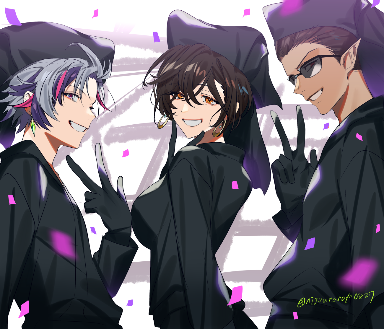 1girl 2boys black_gloves black_hair black_shirt breasts brown_hair confetti dark-skinned_male dark_skin earrings fuwa_minato gloves green_eyes grey_hair grin gwelu_os_gar hair_between_eyes hand_up jewelry long_sleeves medium_breasts multicolored_hair multiple_boys night_kingdom_(nijisanji) nijisanji ninahachi pink_hair pointy_ears purple_hair red_eyes shirayuki_tomoe shirt smile streaked_hair sunglasses twitter_username v virtual_youtuber