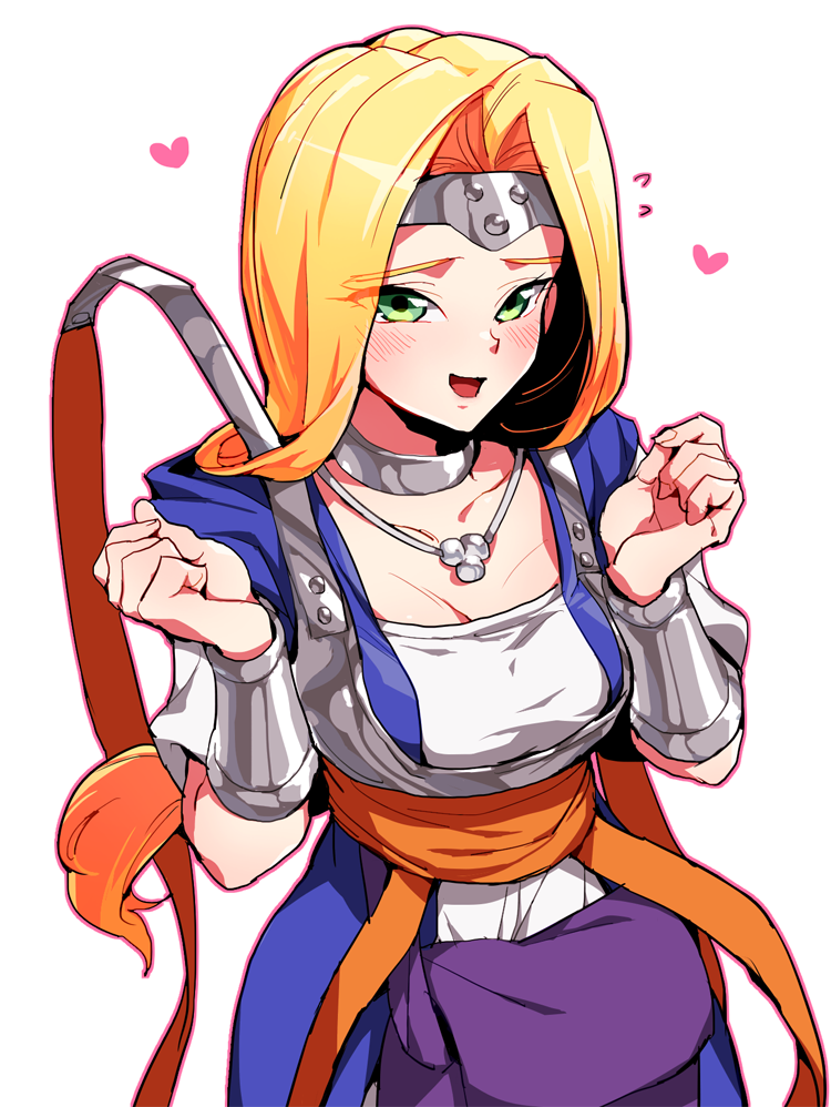 1girl :d blonde_hair blue_dress blush bracer breasts circlet cleavage commentary_request dragon_quest dragon_quest_vi dress female_focus green_eyes heart jewelry large_breasts long_hair looking_at_viewer mireyu necklace nekobayashi_(nekoforest) open_mouth orange_ribbon pouch ribbon simple_background smile solo square_enix suno_(imydream) white_background