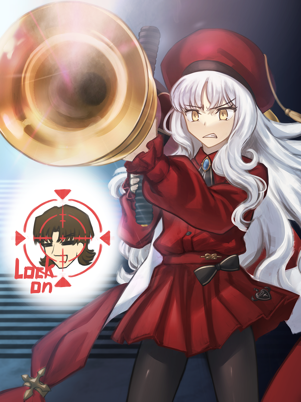 1boy 1girl beret black_pantyhose brown_hair caren_hortensia caren_hortensia_(amor_caren) caren_hortensia_(amor_caren)_(second_ascension) crosshair dress fate/grand_order fate_(series) hat highres kotomine_kirei long_hair pantyhose red_dress rocket_launcher scowl shoori_(migiha) weapon white_hair yellow_eyes