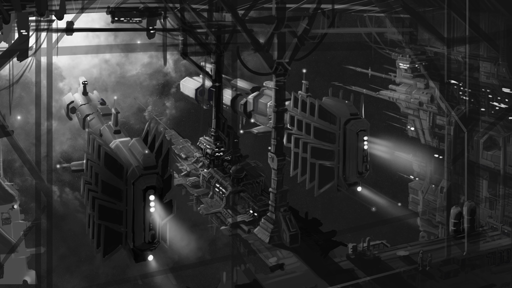battlecruiser_(eve_online) building combat_ship_(eve_online) commentary cyclone_(eve_online) dock eve_online greyscale hangar krats military_vehicle minmatar_republic_(eve_online) monochrome nebula no_humans scenery science_fiction space space_station spacecraft star_(sky) support_ship_(eve_online)