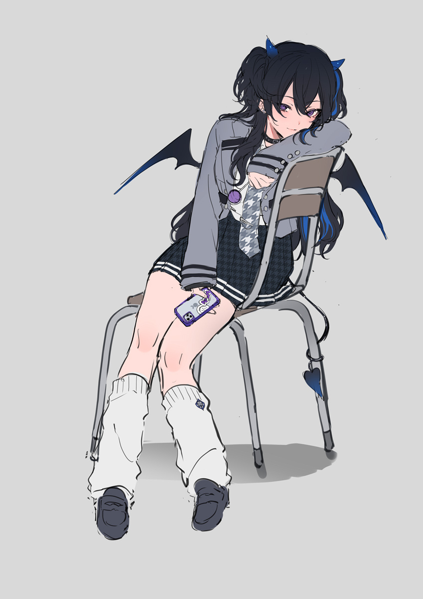 1girl achiki black_hair black_shoes black_skirt black_wings blue_hair blue_horns cellphone chair closed_mouth demon_horns demon_tail demon_wings earrings flip_phone full_body grey_background grey_shirt hair_between_eyes highres holding holding_phone horns ichinose_uruha ichinose_uruha_(6th_costume) jewelry loafers long_hair long_sleeves looking_at_viewer loose_socks multicolored_hair phone pleated_skirt purple_eyes school_chair school_uniform shirt shoes simple_background sitting skirt smartphone smartphone_case socks solo streaked_hair tail two_side_up virtual_youtuber vspo! white_socks wings