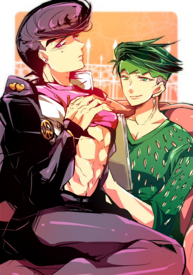 2boys black_hair clothes_lift gakuran green_eyes green_hair headband higashikata_josuke jojo_no_kimyou_na_bouken kishibe_rohan multiple_boys pompadour purple_eyes purple_hair sadahara_inako school_uniform shirt_lift sketchbook