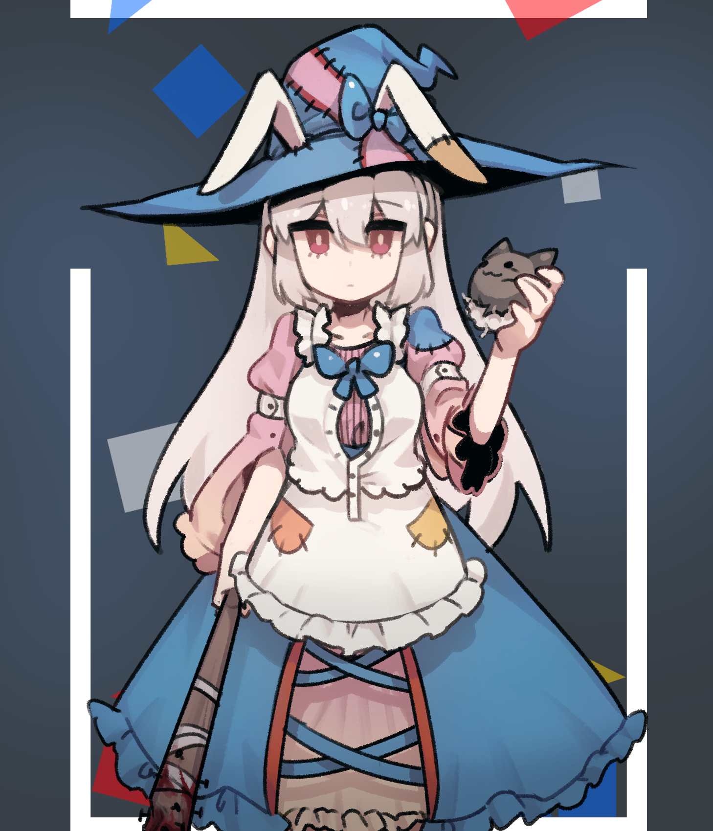 1girl animal_ears apron bandages baseball_bat blood blue_bow blue_hat bow bright_pupils closed_mouth collarbone dress hair_between_eyes hand_up hat highres holding holding_baseball_bat holding_stuffed_toy irisu_kyouko irisu_shoukougun! juliet_sleeves long_hair long_sleeves looking_at_viewer nail_(hardware) nail_bat nyong_nyong patch pink_eyes puffy_sleeves rabbit_ears sidelocks silver_hair solo stitches stuffed_animal stuffed_cat stuffed_toy stuffing three-quarter_sleeves waist_apron white_apron white_pupils witch_hat