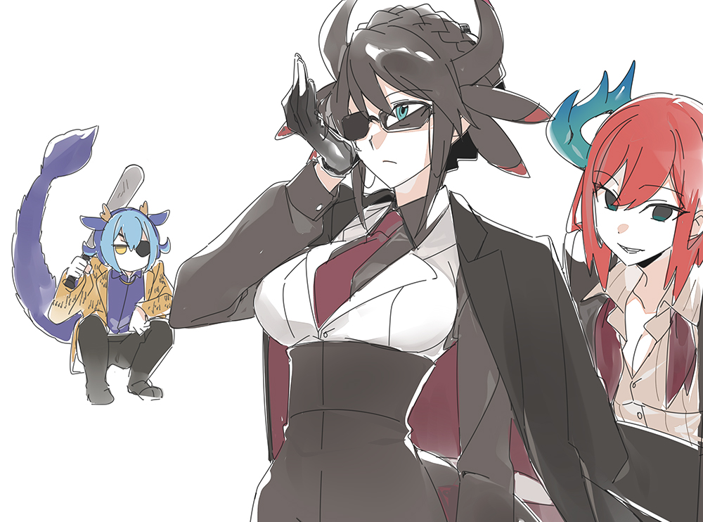 3_ma_me 3girls baseball_bat black_gloves black_hair black_shirt blue_eyes blue_hair breasts cleavage cosplay cowboy_shot dragon_girl dragon_horns dragon_tail duel_monster gloves holding holding_baseball_bat horns house_dragonmaid jacket jacket_on_shoulders kitchen_dragonmaid large_breasts laundry_dragonmaid majima_goro majima_goro_(cosplay) multiple_girls red_eyes shirt simple_background tail vest white_background white_vest yellow_eyes yellow_jacket yu-gi-oh!