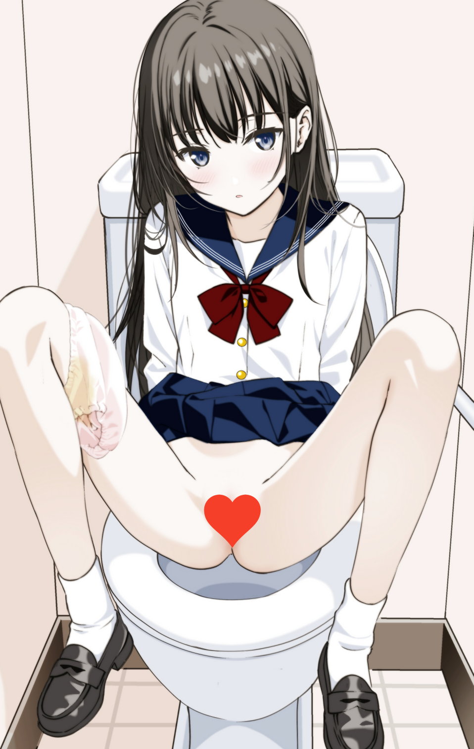 1girl arms_behind_back bathroom black_hair blue_eyes blue_sailor_collar blue_skirt blush bow bow_panties censored heart heart_censor highres indoors loafers long_hair m_legs moonsorrow on_toilet open_mouth original panties panties_around_leg pleated_skirt pussy sailor_collar school_uniform serafuku shoes sitting skirt socks spread_legs tile_floor tiles toilet toilet_seat toilet_stall underwear white_panties white_socks
