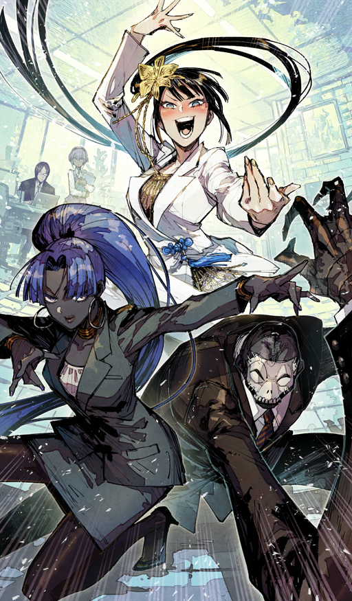 2boys 3girls akagishi_k assassin_(fate/zero) bald bangle black_hair black_jacket black_necktie black_pants black_pantyhose black_shoes black_skin black_skirt black_suit blazer blue_eyes blush book bracelet breasts closed_mouth collarbone collared_shirt colored_skin commentary computer covered_face curtained_hair desk diagonal-striped_clothes diagonal-striped_necktie dynamic_pose earrings emphasis_lines fate/grand_order fate_(series) female_assassin_(fate/zero) fingernails floating_hair flower formal_clothes gold_bracelet grey_skin hair_flower hair_ornament hassan_of_serenity_(fate) hassan_of_the_cursed_arm_(fate) high_heels high_ponytail high_side_ponytail holding holding_book hoop_earrings indoors jacket jewelry jing_ke_(fate) king_hassan_(fate) lapels laptop lips long_arms long_hair long_sleeves looking_at_viewer mask miniskirt multiple_boys multiple_girls necktie notched_lapels office official_alternate_costume official_art open_mouth pants pantyhose parted_bangs pencil_skirt phantom_of_the_opera_(fate) picture_frame ponytail pumps purple_eyes purple_hair red_necktie shirt shoes short_hair silver_earrings sitting skirt skull_mask smile squatting standing striped_clothes suit suit_jacket teeth third-party_source v-shaped_eyebrows very_long_hair white_jacket white_mask white_shirt wing_collar yellow_nails