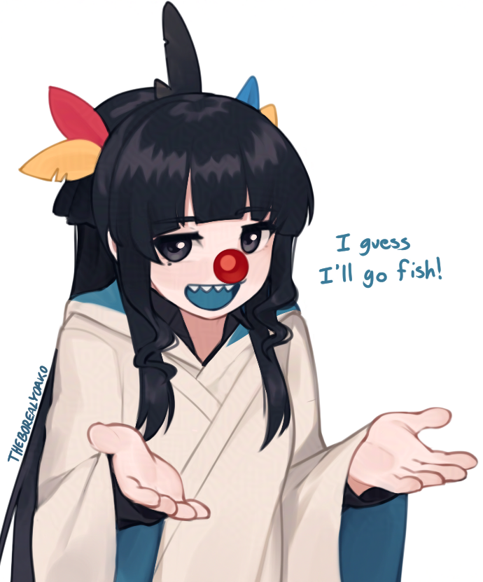 1girl artemis_of_the_blue atelier_live black_eyes black_hair black_ribbon blunt_bangs clown_nose colored_mouth commentary english_commentary english_text guess_i&#039;ll_die_(meme) hair_ornament hair_ribbon long_hair long_sleeves looking_at_viewer meme mole mole_under_eye ponytail ribbon sharp_teeth sidelocks simple_background solo teeth virtual_youtuber white_background wide_sleeves yoako