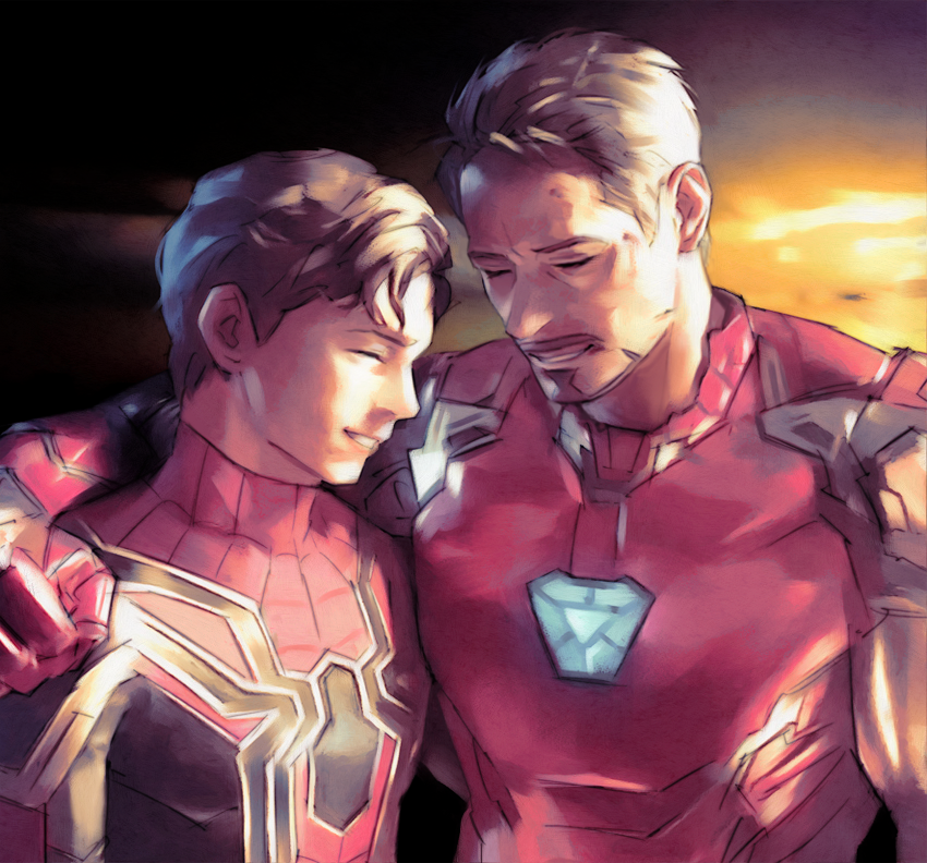 2boys animal_print arc_reactor armor avengers:_endgame avengers_(series) black_bodysuit bodysuit brown_hair closed_eyes commentary english_commentary facial_hair full_armor hand_on_another&#039;s_shoulder hand_up iron_man male_focus marvel marvel_cinematic_universe multicolored_armor multiple_boys outdoors peter_parker power_armor red_armor red_bodysuit redcokk short_hair smile spider-man spider_print spider_web_print standing superhero_costume teeth tony_stark two-tone_bodysuit yellow_armor