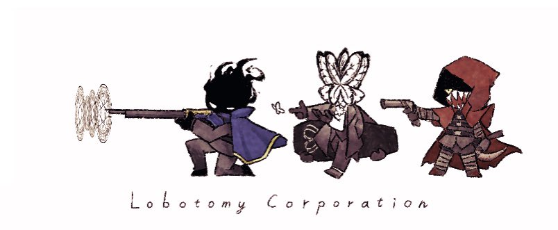 1girl 2boys aida_(aidacamelia0516) black_coat black_fire black_gloves blue_cape cape coat der_freischuetz_(project_moon) fire firing full_body funeral_of_the_dead_butterflies gloves gun handgun hood hooded_cape index_finger_raised little_red_riding_hooded_mercenary lobotomy_corporation multiple_boys project_moon red_cape rifle simple_background weapon white_background