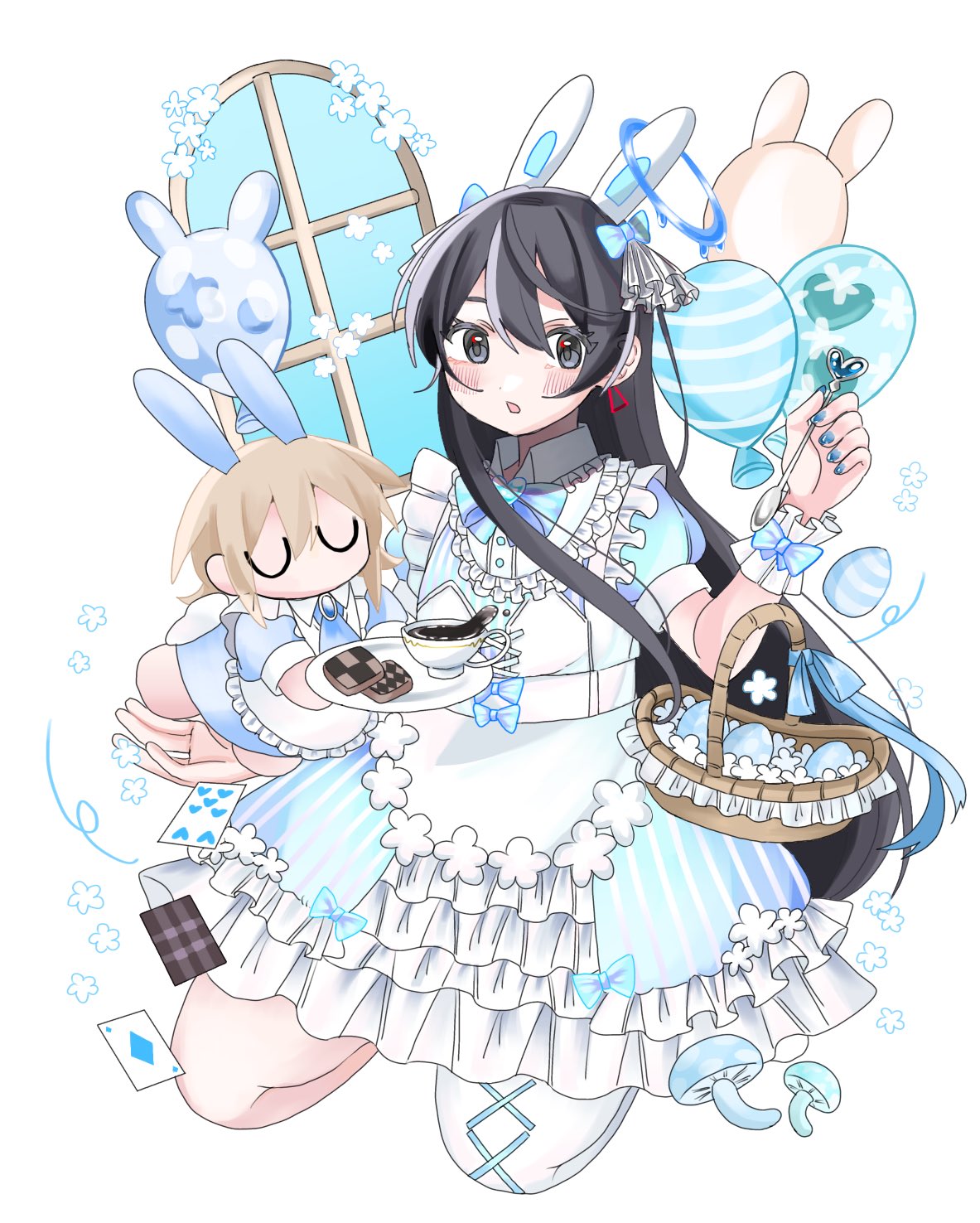 1girl ace_(playing_card) ace_of_diamonds animal_ears apron balloon basket black_hair blue_dress blue_halo bow bowtie card checkerboard_cookie chibi chibi_inset cookie cup diamond_(shape) dress earrings easter_egg egg food frilled_dress frills hair_between_eyes halo highres holding holding_basket jewelry jiaojiao kneeling light_blush long_hair maid maid_apron mushroom necktie playing_card rabbit rabbit_ears seven_of_hearts shimako_(yume_2kki) simple_background single_thighhigh stuffed_animal stuffed_rabbit stuffed_toy teacup teaspoon thighhighs tray triangle_earrings urotsuki window yume_2kki yume_kawaii