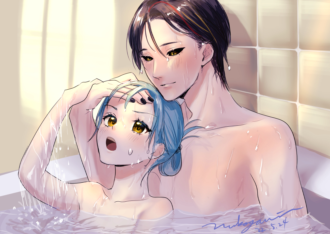 1boy 1other bathtub black_hair black_nails black_sclera blue_hair blush closed_mouth collarbone colored_sclera diablo_(tensura) hand_on_another&#039;s_head indoors nail_polish nude nukogami_(minniecatlove21) open_mouth partially_submerged rimuru_tempest short_hair tensei_shitara_slime_datta_ken wet wet_hair yaoi yellow_eyes