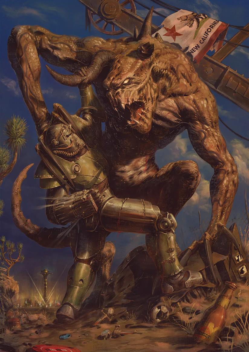 1boy armor blood blue_sky bottle broken_horn brotherhood_of_steel cityscape claw_mark cloud cloudy_sky deathclaw desert fallout fallout:_new_vegas flag horns max58art new_california_republic official_art power_armor power_armor_(fallout) power_fist punching root_beer ruins sand size_difference sky soda_bottle solo stimpak_(fallout) sunset_sarsaparilla tower