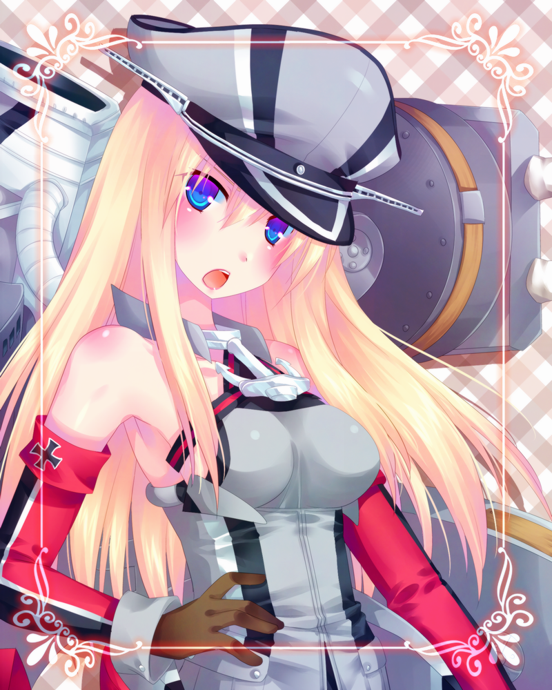 10s 1girl anchor bad_id bad_pixiv_id bismarck_(kancolle) blonde_hair blue_eyes cross door_to_heaven elbow_gloves female_focus gloves hand_on_own_hip hat iron_cross jewelry kantai_collection long_hair looking_at_viewer machinery necklace open_mouth ship_turret solo