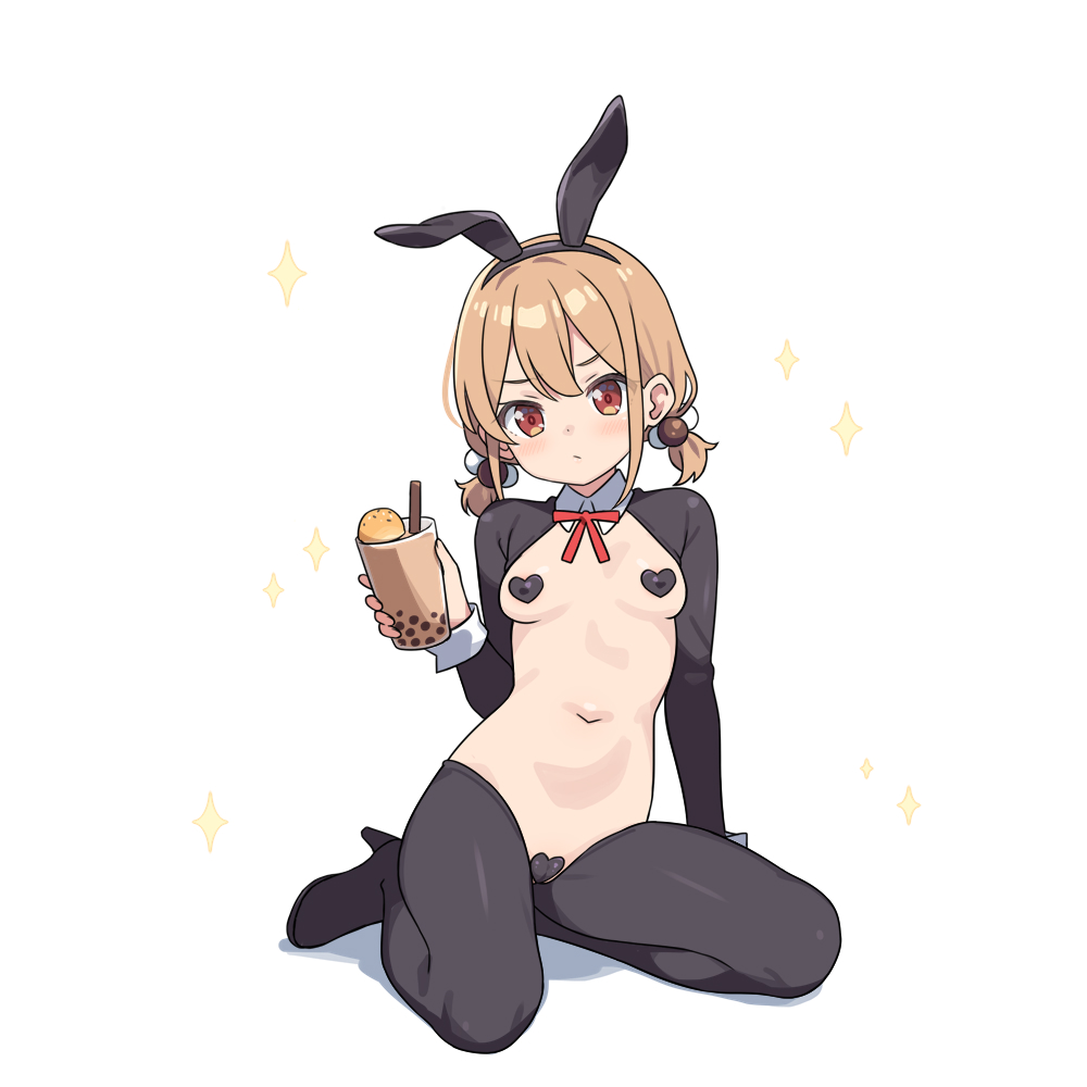 1girl animal_ears black_hairband breasts brown_hair bubble_tea closed_mouth covered_erect_nipples cup disposable_cup drinking_straw fake_animal_ears full_body hair_bobbles hair_ornament hairband hatsunatsu heart_maebari heart_pasties holding holding_cup looking_at_viewer low_twintails maebari navel pasties rabbit_ears red_eyes reverse_bunnysuit reverse_outfit shadow short_twintails simple_background small_breasts solo sparkle twintails v-shaped_eyebrows white_background xiaoyuan_(you_can_eat_the_girl) you_can_eat_the_girl
