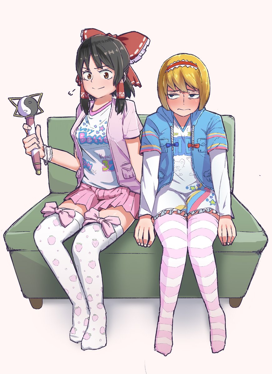 2girls alice_margatroid bad_id bad_twitter_id black_eyes black_hair blonde_hair blue_jacket blush bow bow_legwear breasts brown_hair closed_mouth commentary_request cookie_(touhou) dress flat_chest food_print frilled_bow frilled_dress frilled_hairband frills fruit_print full_body hair_bow hair_tubes hairband hakurei_reimu hide_(acceed) highres holding holding_wand jacket layered_sleeves long_sleeves looking_at_viewer manatsu_no_yo_no_inmu medium_breasts medium_hair multiple_girls ohasi pantyhose pink_bow pink_lips pink_skirt pleated_skirt print_legwear print_thighhighs red_bow red_eyes red_hairband sananana_(cookie) short_dress short_hair short_over_long_sleeves short_sleeves sitting skirt smile strawberry_print striped_clothes striped_legwear striped_pantyhose taisa_(cookie) thighhighs touhou v-neck wand wavy_mouth white_dress white_legwear yin_yang