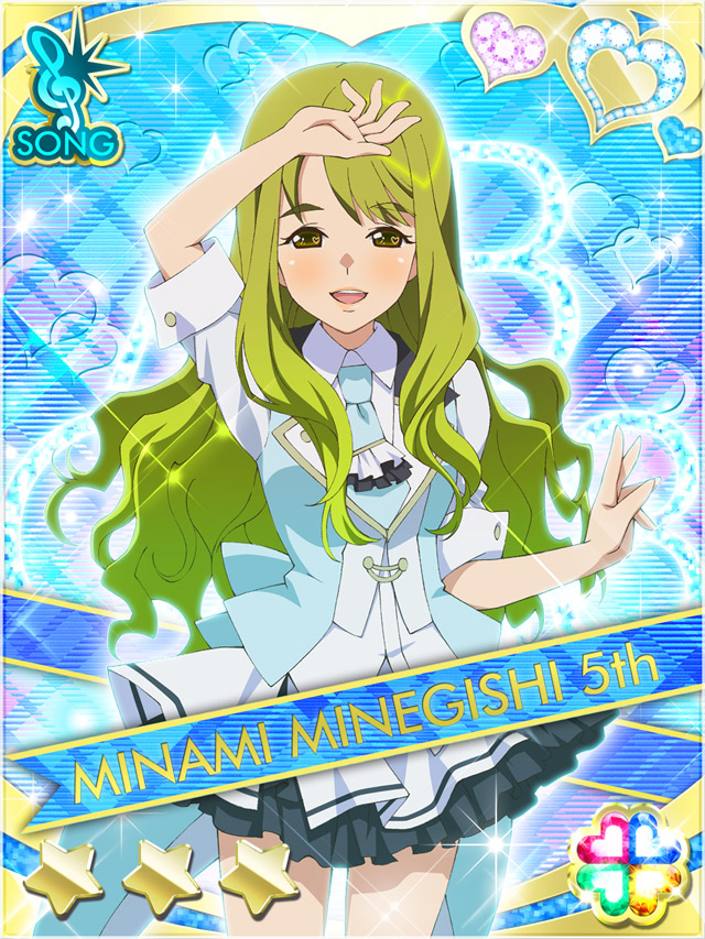 1girl :d akb0048 arm_up blue_background blue_necktie card_(medium) character_name collared_dress cowboy_shot dress frilled_dress frills green_eyes green_hair heart long_hair looking_at_viewer minamino_mikako multicolored_dress necktie non-web_source official_art open_mouth short_sleeves smile solo sparkle standing star_(symbol) teeth upper_teeth_only v wavy_hair