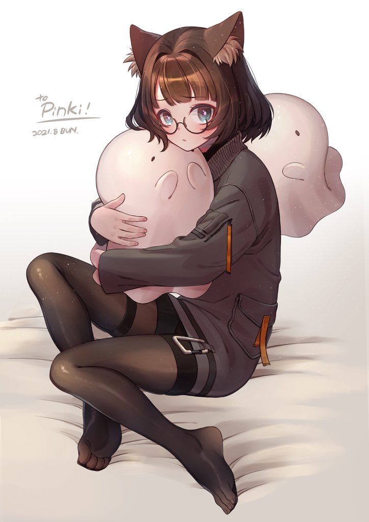 1girl animal_ear_fluff animal_ears black-framed_eyewear black_pantyhose black_shorts blue_eyes blunt_bangs blush brown_hair bun_(jewd5385) cat_ears commission copyright_request ghost glasses grey_jacket hug jacket looking_at_viewer no_shoes pantyhose parted_hair round_eyewear semi-rimless_eyewear short_hair shorts skeb_commission solo thigh_strap