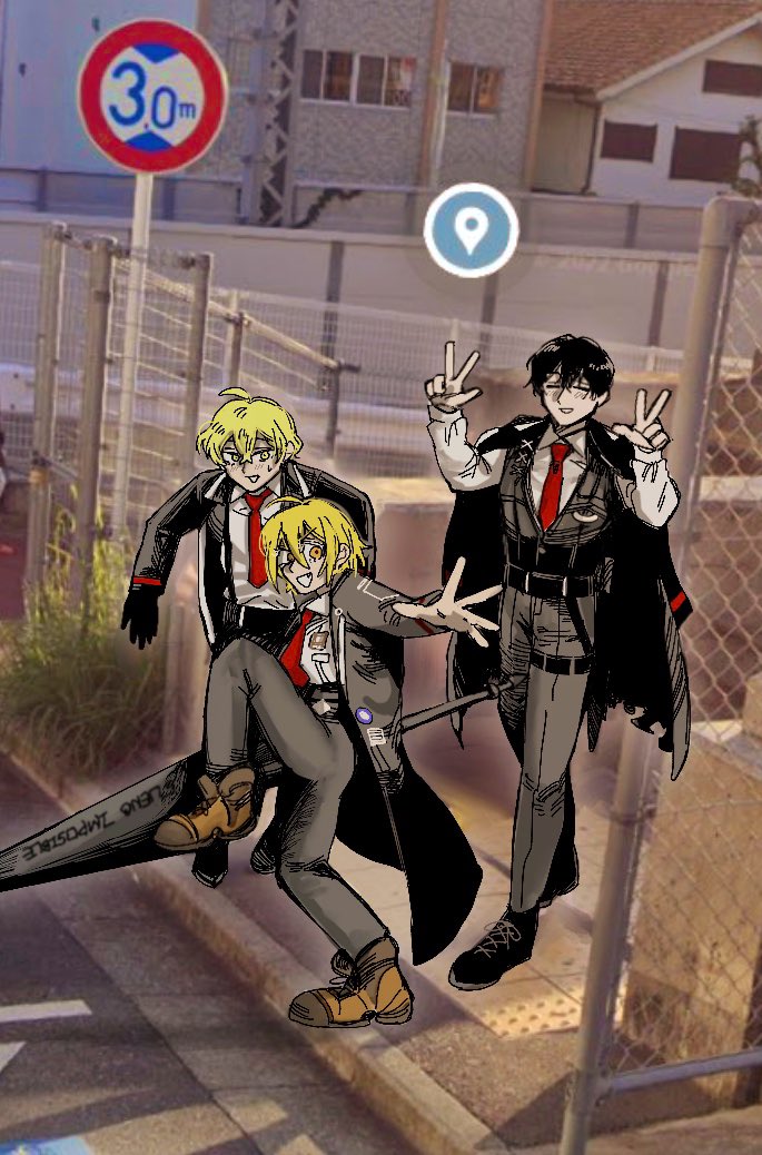 1girl 2boys black_coat black_gloves black_hair black_pants blonde_hair boots brown_footwear closed_eyes coat coat_on_shoulders collared_shirt don_quixote_(project_moon) double_v gloves high_school_girls_posing_for_google_street_view_(meme) hino_888 holding holding_polearm holding_weapon knee_up lance limbus_company long_sleeves looking_at_viewer meme multiple_boys necktie open_mouth pants polearm project_moon red_necktie shirt sinclair_(project_moon) smile v weapon white_shirt yellow_eyes yi_sang_(project_moon)