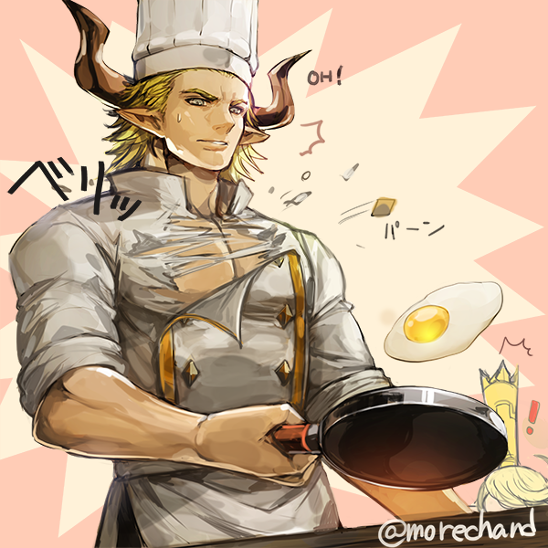1boy baotorda bara blonde_hair character_request chef chef_hat chef cooking cow_boy cow_horns draph egg_yolk feet_out_of_frame frying_pan granblue_fantasy hat holding holding_frying_pan horns male_focus mature_male moreshan muscular muscular_male pectoral_cleavage pectorals shirt short_hair sideburns sleeves_rolled_up solo_focus sweatdrop tight_clothes torn_clothes torn_shirt