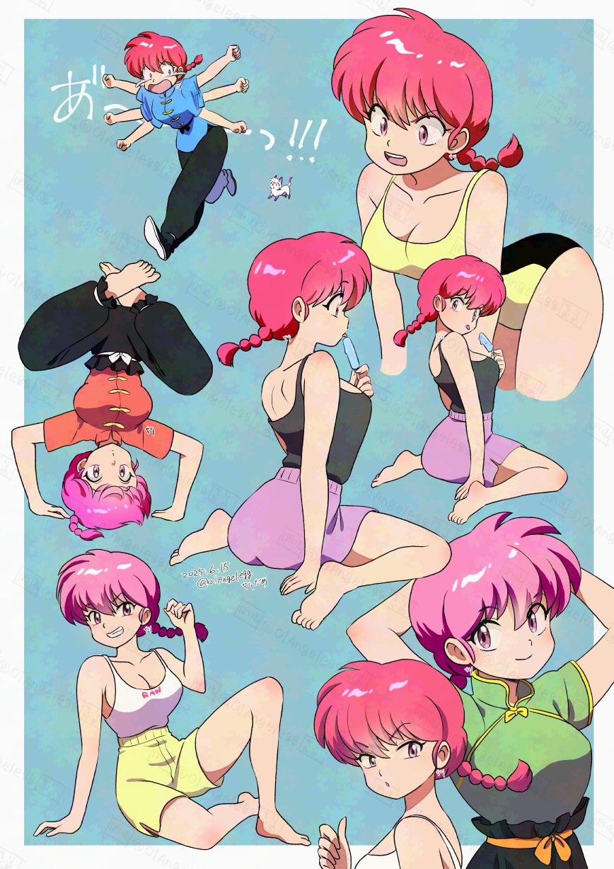01angelegg 1girl afterimage arms_behind_head arms_up artist_name back bare_arms barefoot black_pants black_shoes black_tank_top blue_background border braid breasts camisole cat chinese_clothes cleavage closed_mouth clothes_writing commentary crossed_ankles dated feet flailing fleeing food hand_up handstand highres holding holding_food holding_popsicle large_breasts leaning_forward licking looking_at_another looking_at_viewer looking_back mandarin_collar melting_popsicle multiple_views one-piece_swimsuit open_mouth outside_border pants parted_lips pink_eyes pink_hair pink_shorts popsicle ranma-chan ranma_1/2 red_hair running scared screaming shampoo_(cat) shoes short_hair shorts simple_background single_braid sitting smile soles solo_focus standing swimsuit tangzhuang tank_top tears toes tongue tongue_out twitter_username upside-down wariza watermark white_border white_camisole yellow_one-piece_swimsuit yellow_shorts