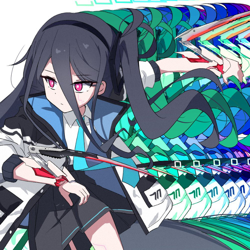1girl absurdly_long_hair afterimage aqua_halo arm_blade black_hair black_hairband blue_archive blue_necktie cyberpunk_(series) cyberpunk_edgerunners futuristic_weapon hair_between_eyes hairband halo kei_(blue_archive) kiroshi long_hair long_hair_between_eyes mantis_blades_(cyberpunk) necktie one_side_up pink_eyes rectangular_halo ringed_eyes sandevistan very_long_hair weapon wrist_blades