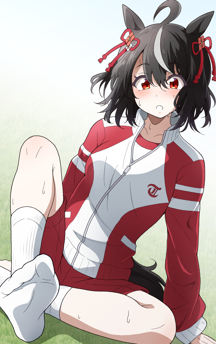 1girl ahoge alternate_costume animal_ears breasts collarbone grass hair_between_eyes hair_ornament horse_ears horse_tail jacket kitasan_black_(umamusume) nel-c no_shoes open_mouth red_eyes shorts simple_background socks soles solo sweat tail track_jacket track_suit umamusume white_socks