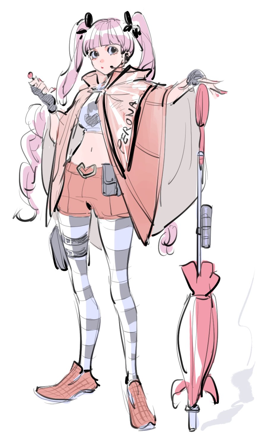 1girl blunt_bangs cape character_name commentary full_body highres navel one_piece pantyhose perona pink_hair planted planted_umbrella pouch raine_(acke2445) red_cape red_nails red_shorts shorts simple_background solo striped_clothes striped_pantyhose symbol-only_commentary thigh_pouch twintails umbrella white_background