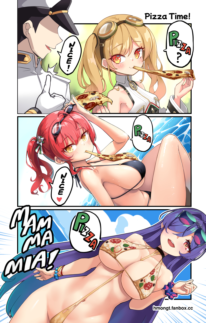 3girls adapted_costume azur_lane bikini black_bikini blonde_hair breast_zipper choker commander_(azur_lane) english_text eyewear_on_head faceless faceless_male food food_on_body food_on_breasts goggles goggles_on_head green_eyes hair_intakes hair_over_one_eye hat highres hm_(hmongt) holding holding_food leonardo_da_vinci_(azur_lane) long_hair military military_hat military_uniform multi-strapped_bikini multiple_girls navel official_alternate_costume pizza poolside purple_hair red_eyes red_hair scrunchie side_ponytail string_bikini sunglasses swimsuit thumbs_up trento_(azur_lane) twintails wrist_scrunchie zara_(azur_lane) zara_(poolside_coincidence)_(azur_lane) zipper