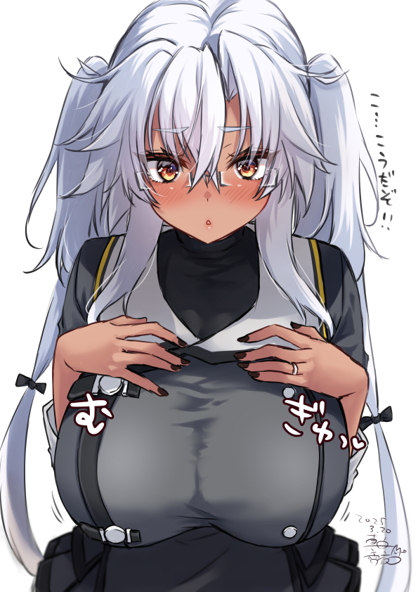 1girl black_nails blush breasts dark-skinned_female dark_skin dated gradient_nails grey_hair hair_between_eyes hands_on_own_chest kantai_collection large_breasts long_hair looking_at_viewer mashiro_yukiya musashi_(kancolle) musashi_kai_ni_(kancolle) open_mouth pointy_hair rectangular_eyewear red_eyes sakuramon semi-rimless_eyewear signature smile solo twintails upper_body very_long_hair white_hair