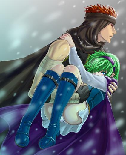 1boy 1girl aozora_kyuuji ass assassin_(fire_emblem) blue_eyes blush boots brown_eyes brown_hair cape carrying cloak couple fingerless_gloves fire_emblem fire_emblem:_the_blazing_blade gloves green_hair hairband hand_on_shoulder jaffar_(fire_emblem) leg_grab nino_(fire_emblem) nintendo panties pantyshot princess_carry red_eyes red_hair short_hair skirt snow snowing underwear walking white_panties