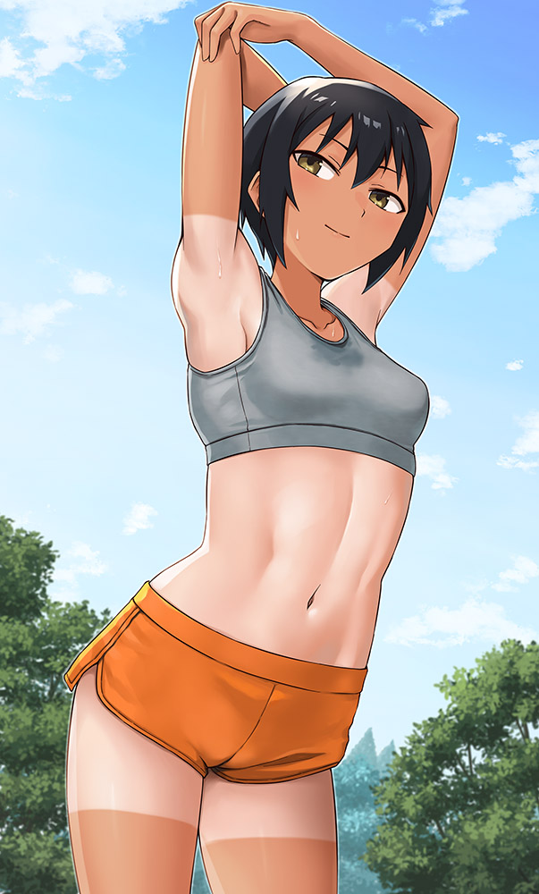 1girl arms_up black_hair brown_eyes cloud day grey_sports_bra hashi light_smile micro_shorts navel orange_shorts original outdoors short_hair shorts shorts_tan solo sports_bra sweat tan tanline tomboy toned toned_female tree