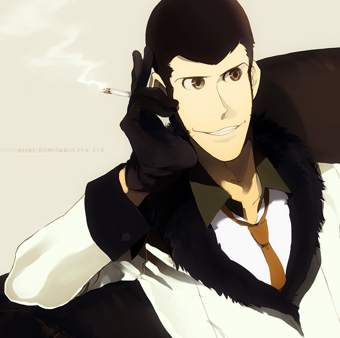 1boy arsene_lupin_iii black_hair cigarette faddawdle gloves jacket lupin_iii male_focus necktie orange_necktie short_hair simple_background smile solo tms_entertainment white_jacket yellow_eyes