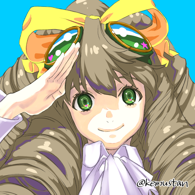 1girl ascot blue_background close-up closed_mouth drill_hair goggles goggles_on_head green_eyes grey_hair hair_ribbon long_hair looking_at_viewer maria_balthasar ribbon salute smile solo sonomoto_shinzou_(natsume_kyouji) upper_body xenogears