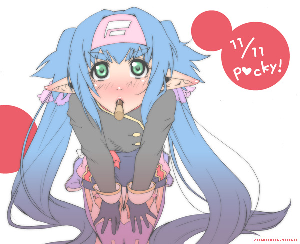 1girl bad_id bad_pixiv_id bent_over blue_eyes blue_hair blush child female_focus flat_chest food foreshortening headband klan_klein kuroko long_hair macross macross_frontier matching_hair/eyes meltrandi mouth_hold pocky pocky_kiss pointy_ears shared_food solo twintails very_long_hair zentradi