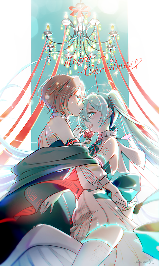 1girl 2girls :d aqua_eyes aqua_hair arm_tattoo back_bow bare_shoulders black_dress blush bow brown_hair caracoro chandelier christmas closed_mouth commentary cowboy_shot detached_collar detached_sleeves dress flower frills from_side gloves glowing hairband half_gloves hatsune_miku holding holding_flower kirita_asami kiss kissing_forehead long_hair meiko_(vocaloid) mermaid miku_symphony_(vocaloid) monster_girl multiple_girls open_mouth pleated_dress profile red_flower red_ribbon red_rose ribbon rose shawl short_hair smile tattoo tearing_up thighhighs twintails very_long_hair vocaloid white_dress white_gloves zettai_ryouiki