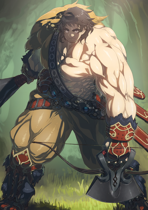 1boy armor armored_boots armored_gloves arms_at_sides belt belt_pouch big_nose boots bow_(weapon) brown_hair closed_mouth club_(weapon) fate/grand_order fate_(series) feet_out_of_frame fingerless_gloves fur-trimmed_gloves fur_trim game_cg gloves green_background holding holding_bow_(weapon) holding_club holding_weapon i-iv_(longman) legs_apart looking_at_viewer male_focus medium_hair muscular muscular_male official_art pants pectorals pouch sash sheath sheathed shoulder_armor shoulder_sash single_bare_shoulder smile solo standing super_orion_(fate) sword thick_eyebrows third-party_source topless_male variant_set weapon yellow_pants