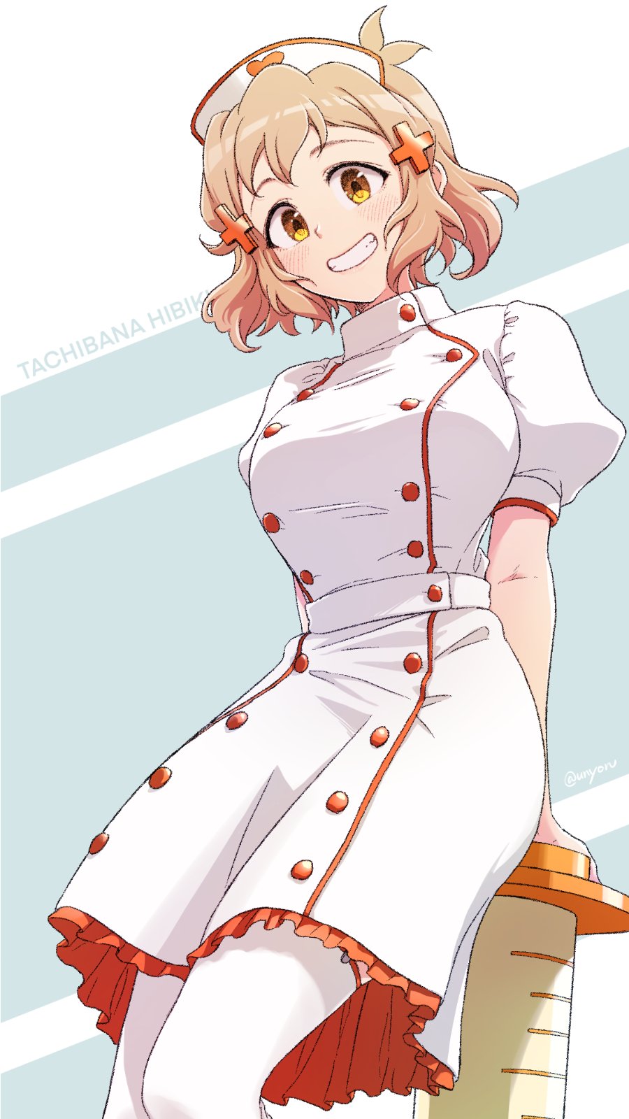 1girl alternate_costume arms_behind_back blonde_hair blush breasts character_name double-breasted measuring_cylinder hair_ornament hat highres medium_breasts nurse nurse_cap senki_zesshou_symphogear short_hair smile solo tachibana_hibiki_(symphogear) thighhighs unyon x_hair_ornament yellow_eyes