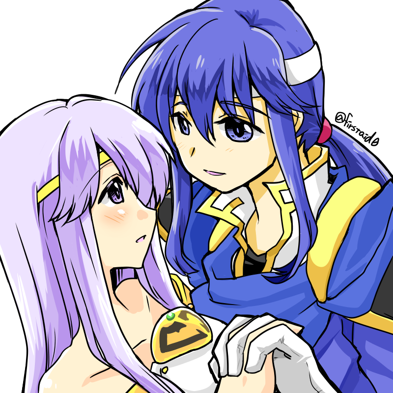 1boy 1girl bare_shoulders blue_eyes blue_hair brother_and_sister circlet dress fire_emblem fire_emblem:_genealogy_of_the_holy_war headband holding_hands julia_(fire_emblem) long_hair looking_at_another nintendo open_mouth ponytail purple_eyes purple_hair seliph_(fire_emblem) siblings simple_background white_headband yukia_(firstaid0)