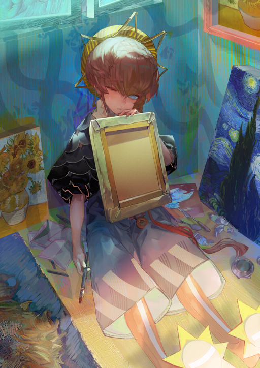 1girl arm_at_side black_shrug blue_eyes blue_shorts boots canvas_(object) fate/grand_order fate_(series) game_cg hand_up hat head_tilt holding holding_brush impressionism kibadori_rue looking_at_viewer official_art one_eye_closed orange_boots orange_hair paint_tube parted_lips shorts shrug_(clothing) sitting solo starry_night_(van_gogh) sunflowers_(van_gogh) third-party_source three-quarter_sleeves van_gogh_(fate) van_gogh_(first_ascension)_(fate) yellow_hat