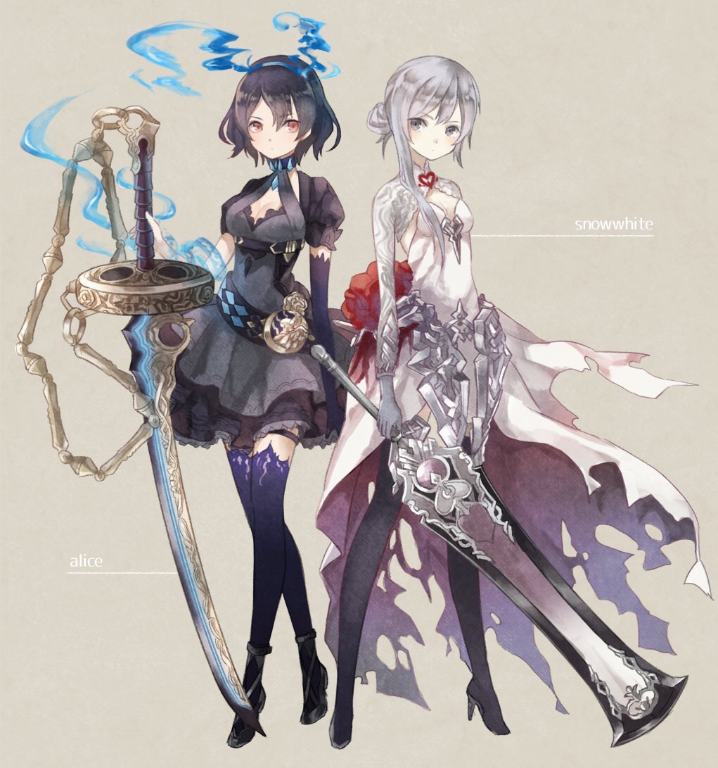 2girls alice_(sinoalice) armor armored_dress black_legwear blue_hair breasts character_name cleavage dress eyelashes full_body high_heels long_hair long_sleeves looking_at_viewer multiple_girls oro_ponzu pale_skin short_hair silver_hair simple_background sinoalice small_breasts snow_white_(sinoalice) standing thighhighs