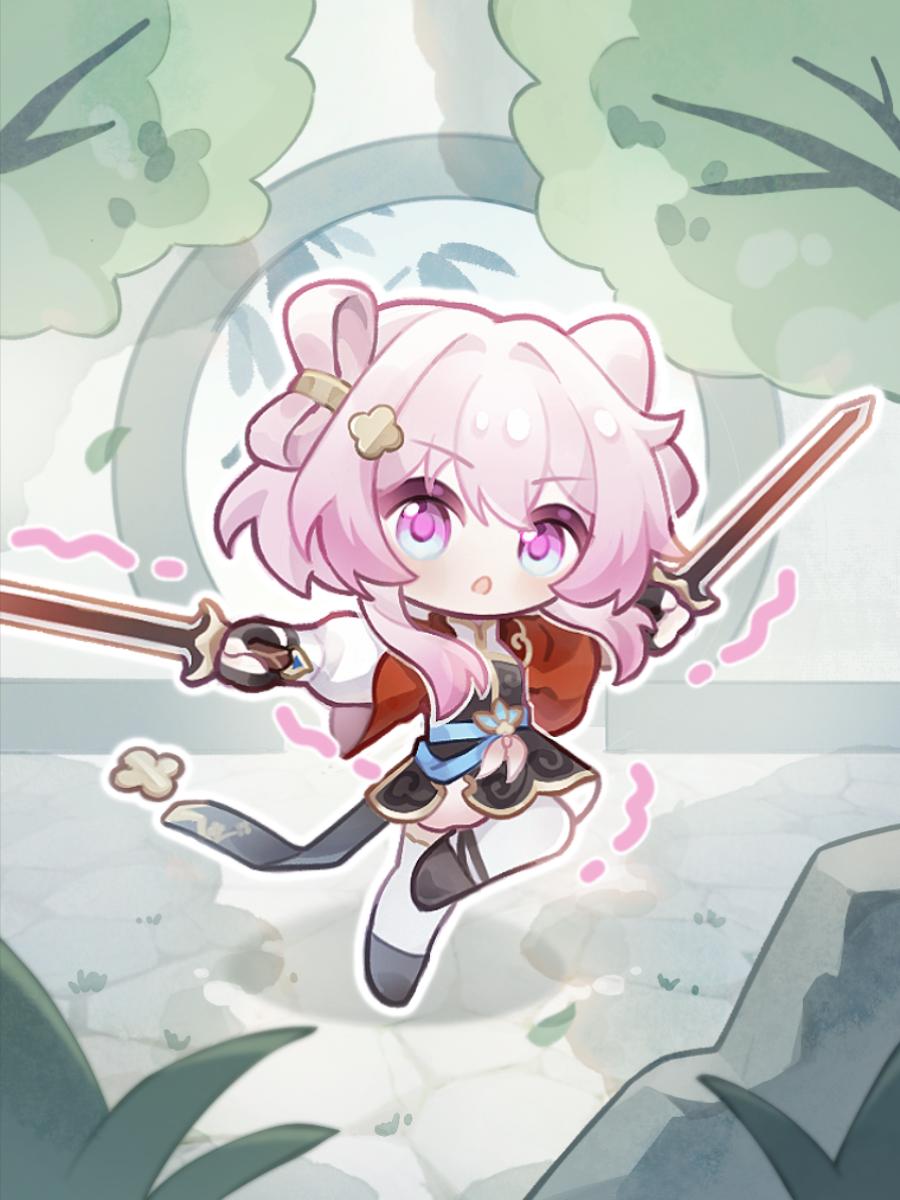 1girl :o belt black_boots black_skirt blue_belt boots chibi chinese_commentary commentary_request falling_leaves full_body grass highres holding holding_sword holding_weapon honkai:_star_rail honkai_(series) jian_(weapon) leaf leg_up looking_at_viewer march_7th_(honkai:_star_rail) march_7th_(hunt)_(honkai:_star_rail) medium_hair moon_gate official_alternate_costume official_alternate_hairstyle pink_eyes pink_hair red_shrug rock shuangyaji sishi_malus skirt solo standing standing_on_one_leg stone_floor sword thighhighs tree trembling weapon white_thighhighs