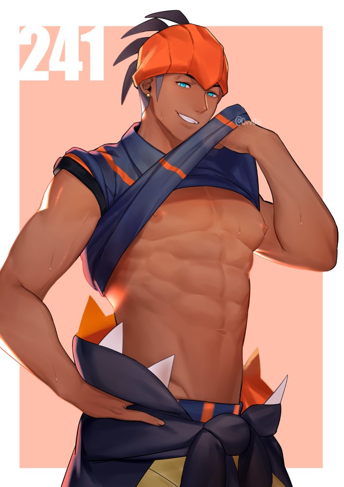 abs black_hair blue_pants blue_shirt clothes_lift dark-skinned_male dark_skin earrings jewelry male_focus muscular muscular_male navel nintendo nipples pants pokemon pokemon_swsh raihan_(pokemon) shirt shirt_lift short_hair smile stomach teeth zhineart