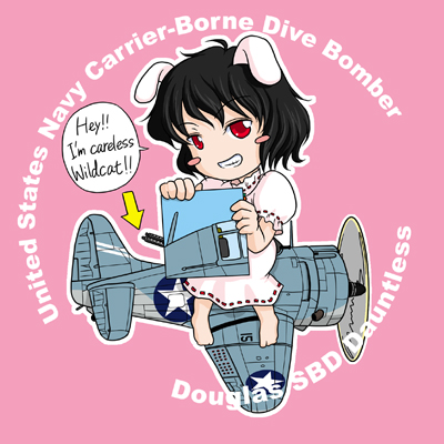 1girl aircraft airplane animal_ears black_hair blush blush_stickers bomber douglas_sbd dress female_focus grin gun inaba_tewi lowres machine_gun military military_vehicle rabbit rabbit_ears red_eyes sakurato_tsuguhi sbd_dauntless short_hair smile solo touhou vehicle_focus weapon world_war_ii